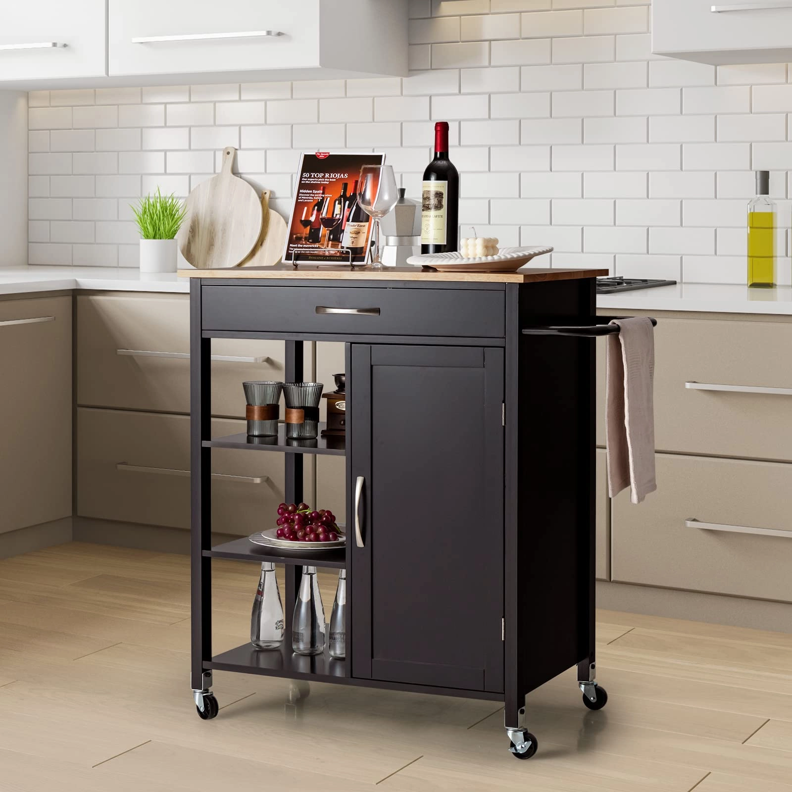 Giantex Kitchen Island - Mobile Kitchen Cart on Wheels, 1-Door Storage Cabinet, Large Drawer, 3 Tier Shelves
