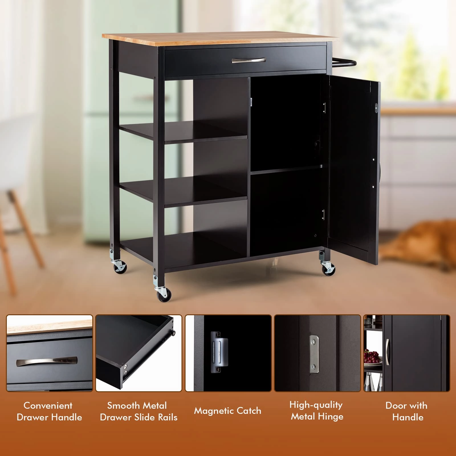 Giantex Kitchen Island - Mobile Kitchen Cart on Wheels, 1-Door Storage Cabinet, Large Drawer, 3 Tier Shelves