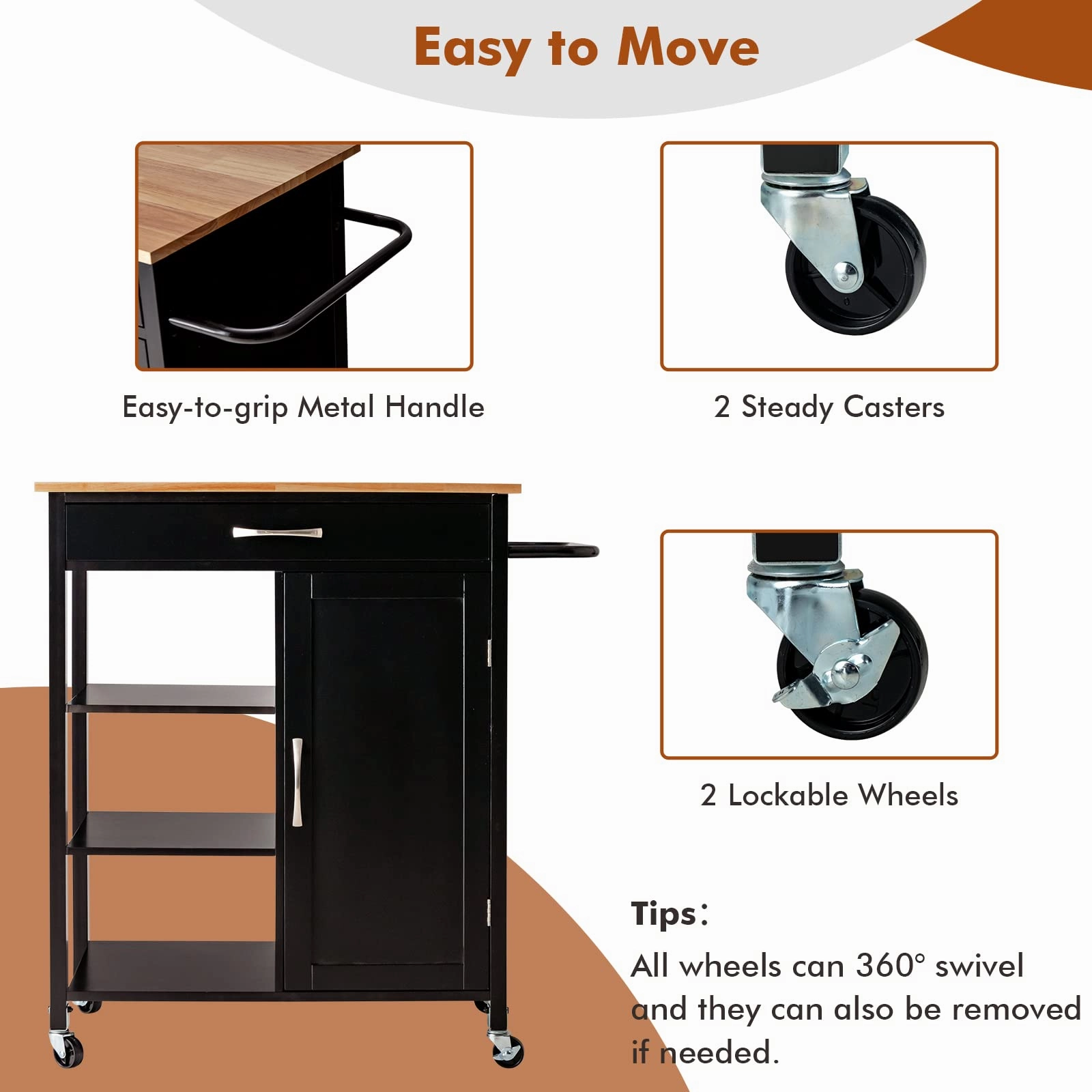 Giantex Kitchen Island - Mobile Kitchen Cart on Wheels, 1-Door Storage Cabinet, Large Drawer, 3 Tier Shelves