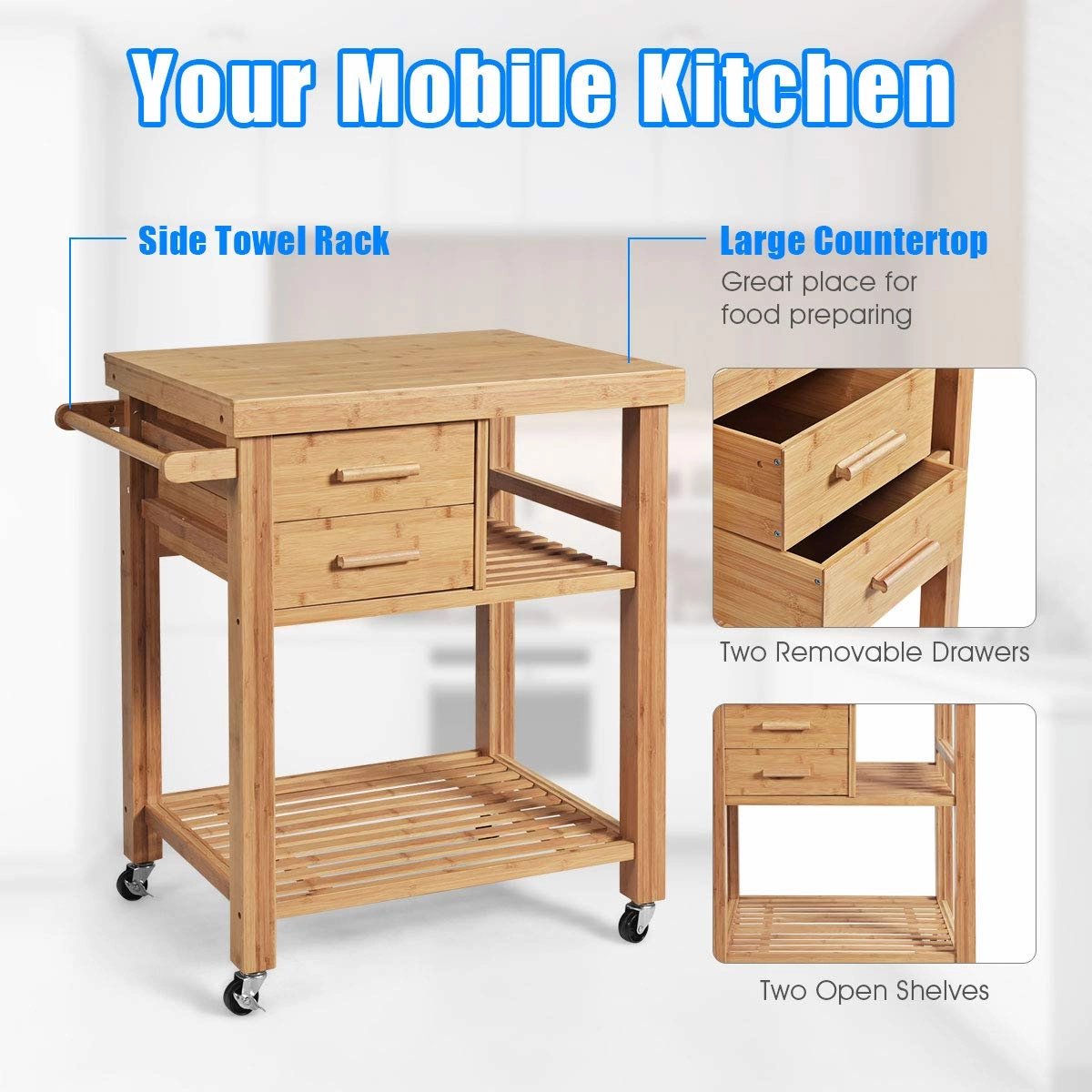 Giantex Kitchen Island, Bamboo Island Cart, Natural