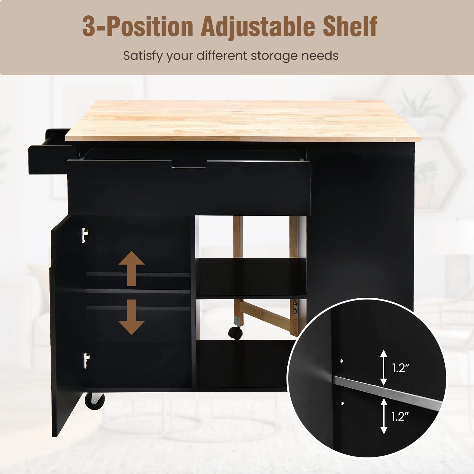 Giantex Kitchen Island Cart Drop-Leaf Countertop, Rubber Wood Breakfast Dining Table w/Large Drawer