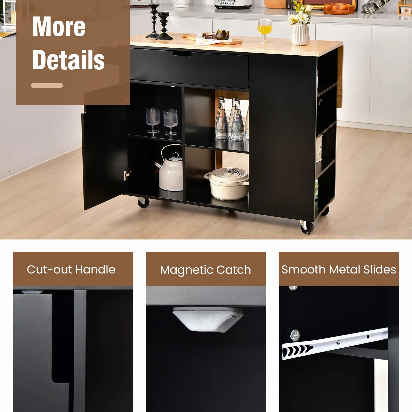 Giantex Kitchen Island Cart Drop-Leaf Countertop, Rubber Wood Breakfast Dining Table w/Large Drawer