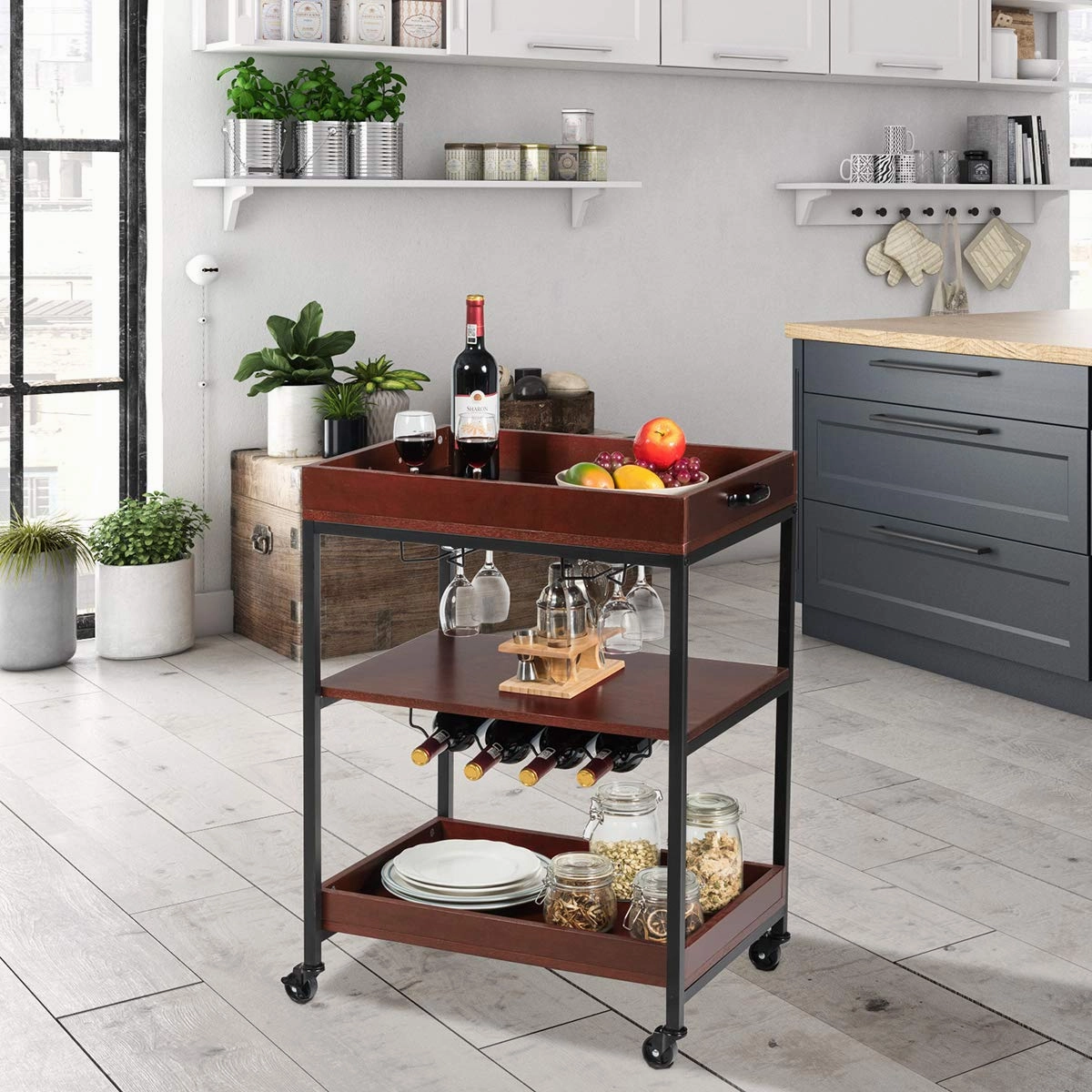 Giantex Kitchen Island Cart Rolling Industrial Style, Rustic Brown