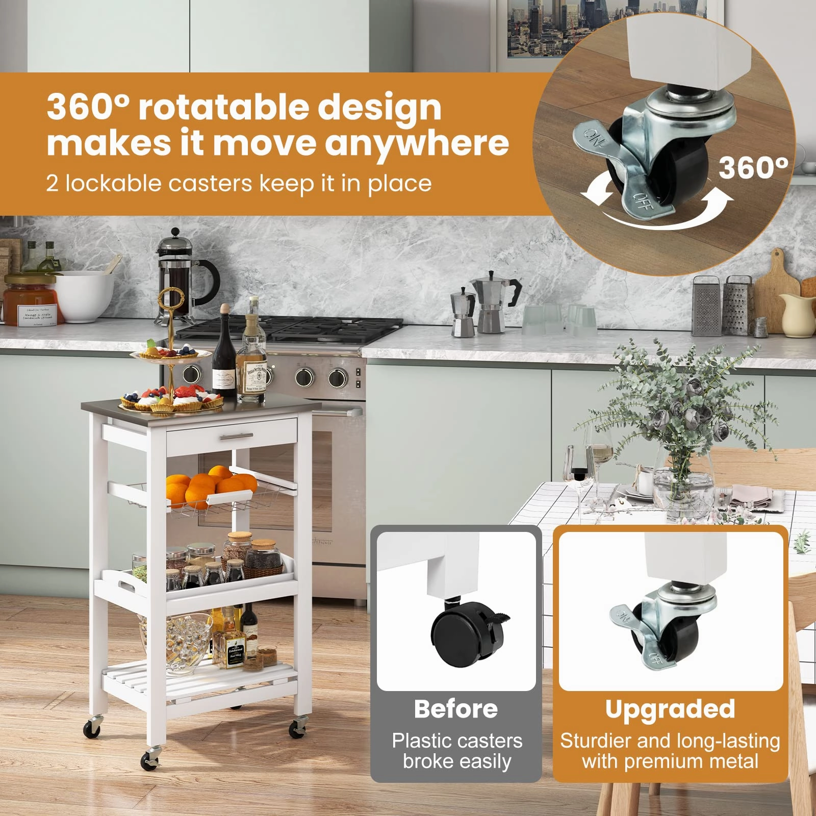 Giantex Kitchen Island Cart Rolling Kitchen Trolley with Stainless Steel Tabletop