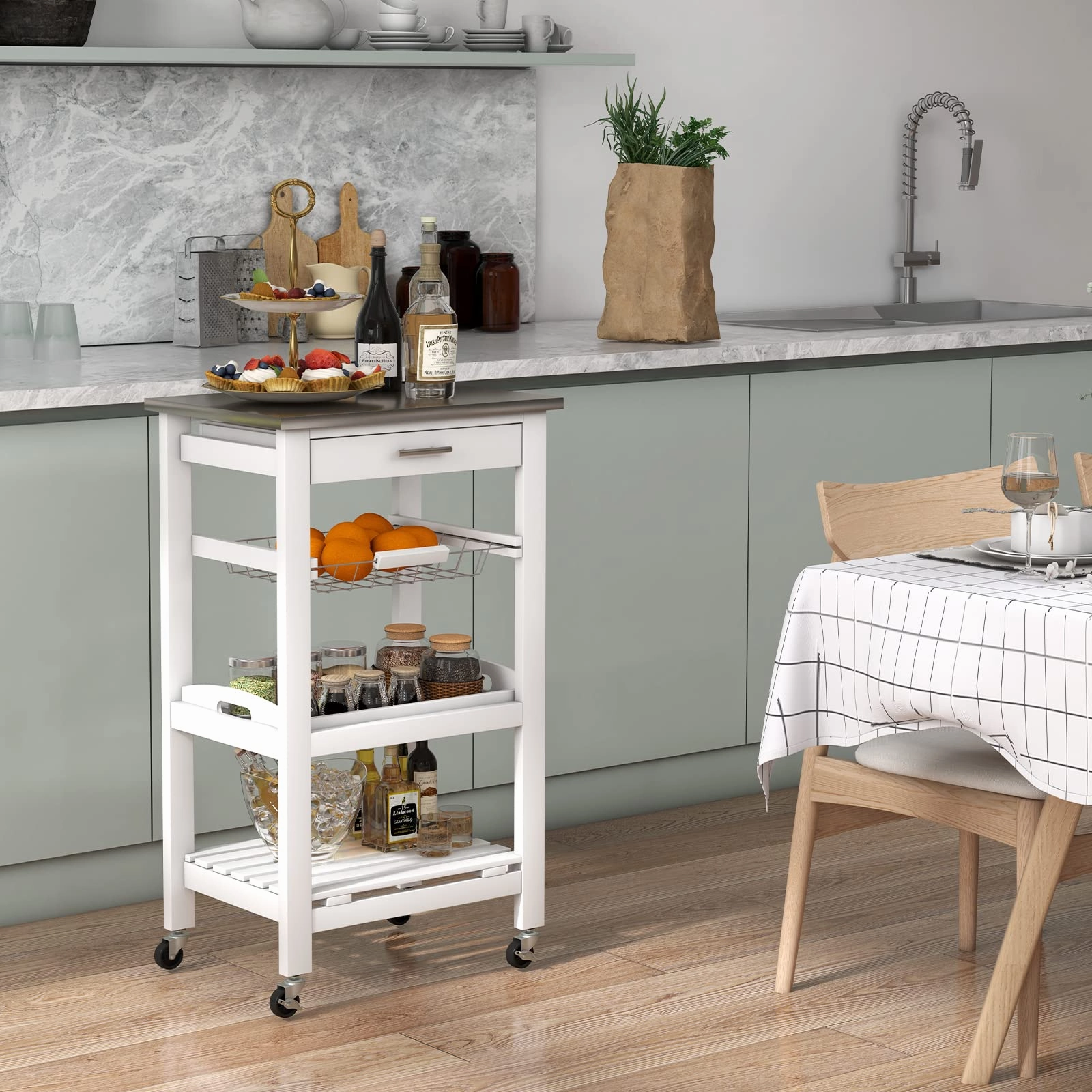 Giantex Kitchen Island Cart Rolling Kitchen Trolley with Stainless Steel Tabletop