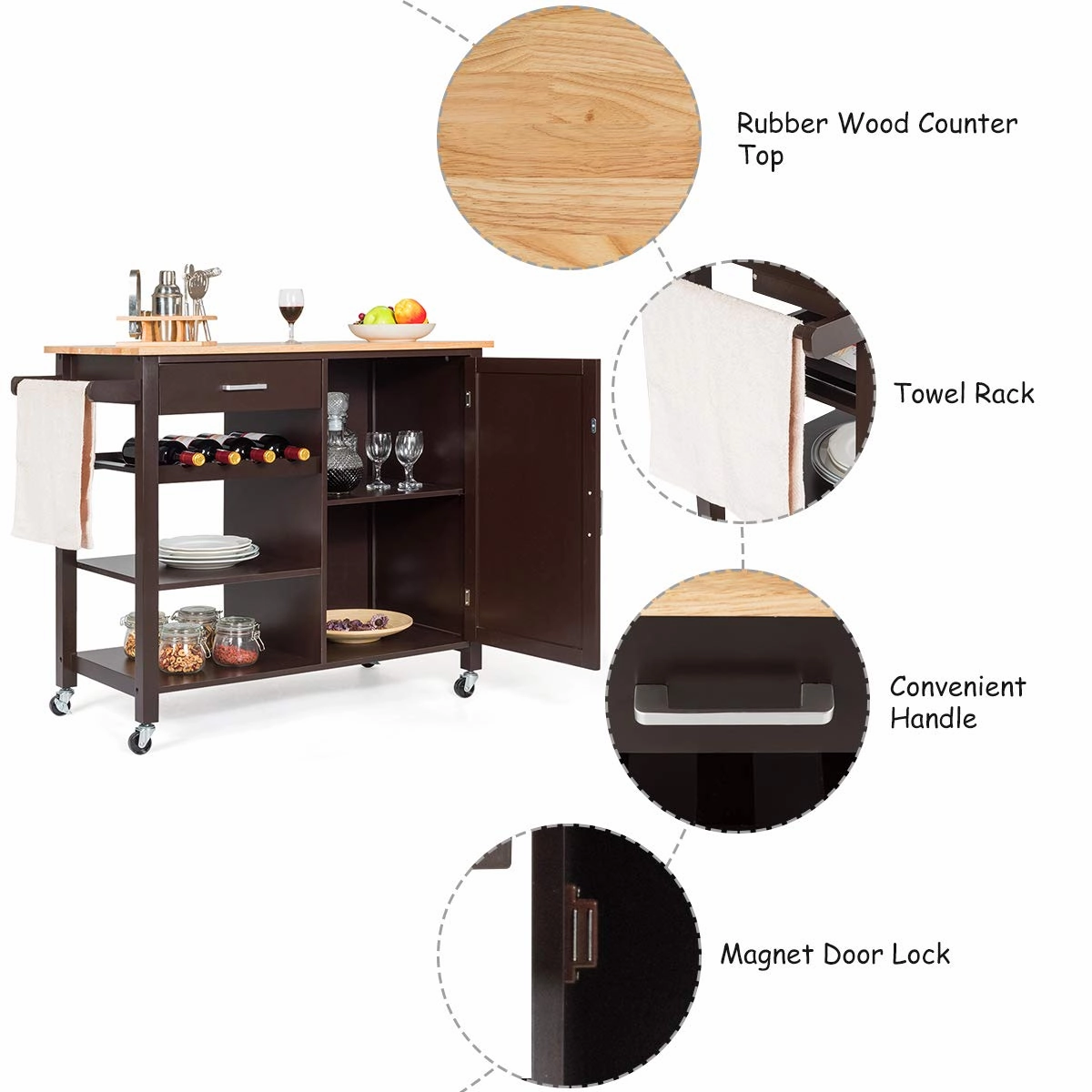 Giantex Kitchen Island Cart Rolling Serving Cart Wood Trolley, Brown