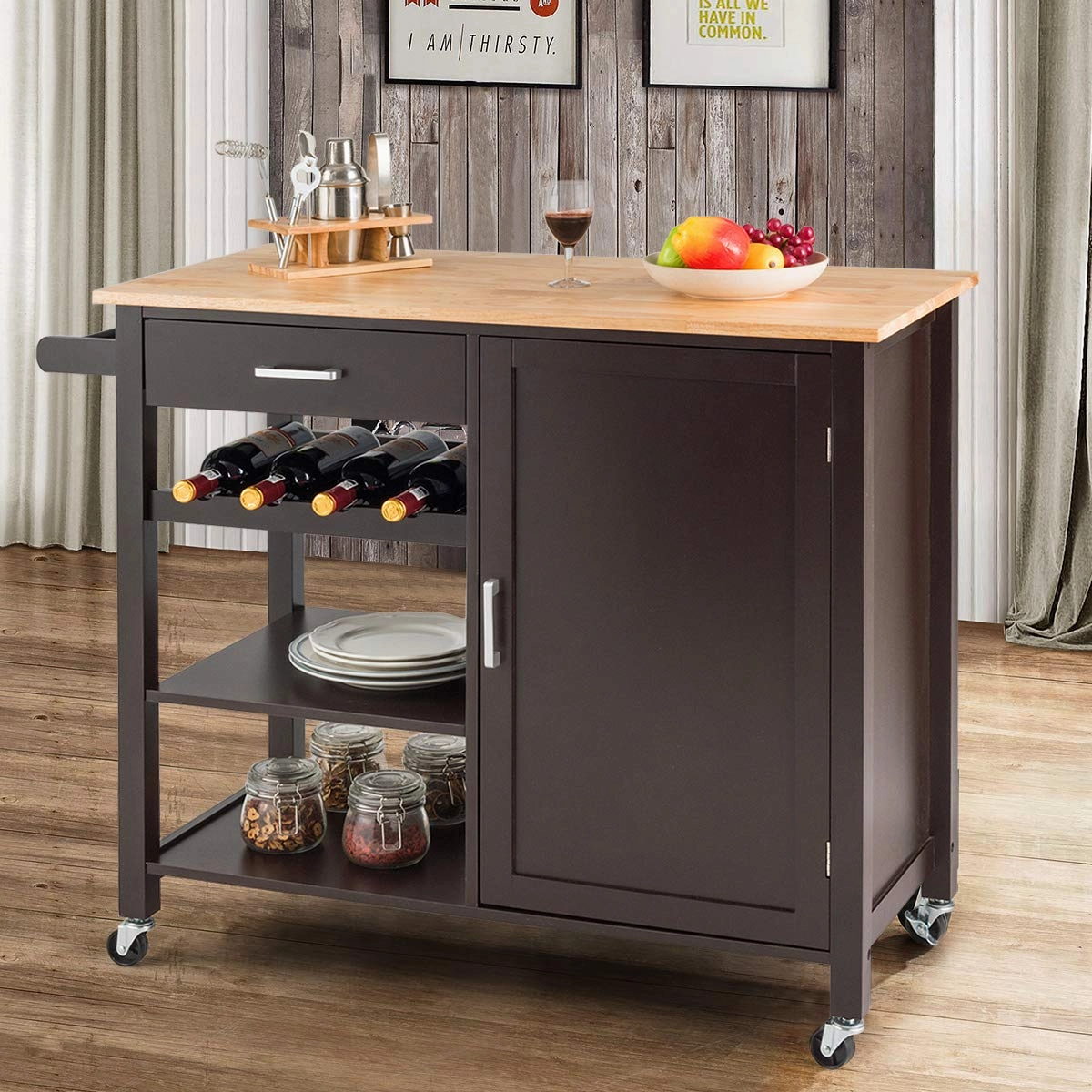 Giantex Kitchen Island Cart Rolling Serving Cart Wood Trolley, Brown