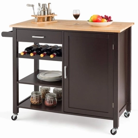 Giantex Kitchen Island Cart Rolling Serving Cart Wood Trolley, Brown kitchen towel, placemats