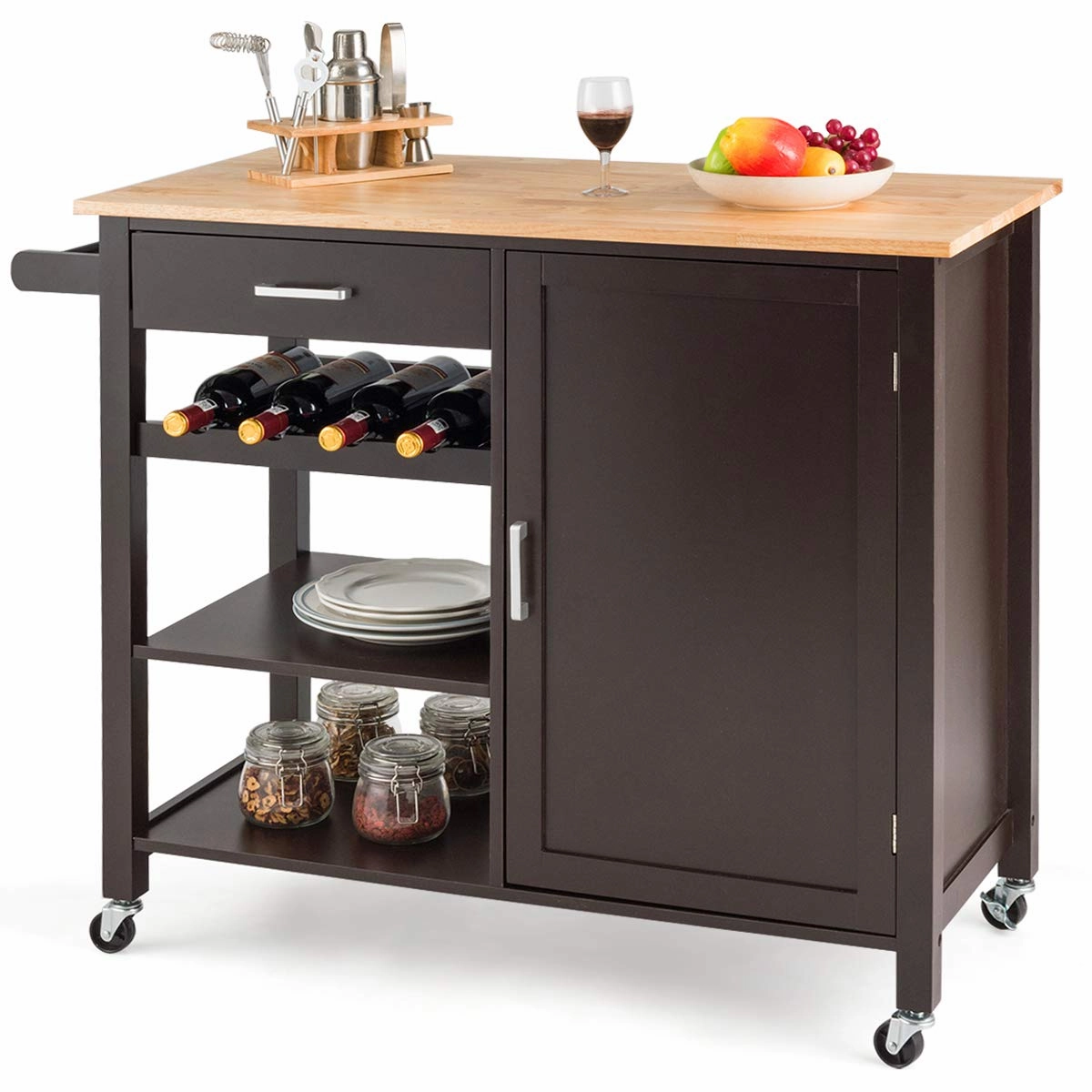 Giantex Kitchen Island Cart Rolling Serving Cart Wood Trolley, Brown kitchen towel, placemats