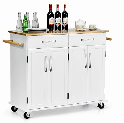 Giantex Kitchen Island Cart, Rolling Trolley Cart Utility Cabinet w/Rubber Wood Top