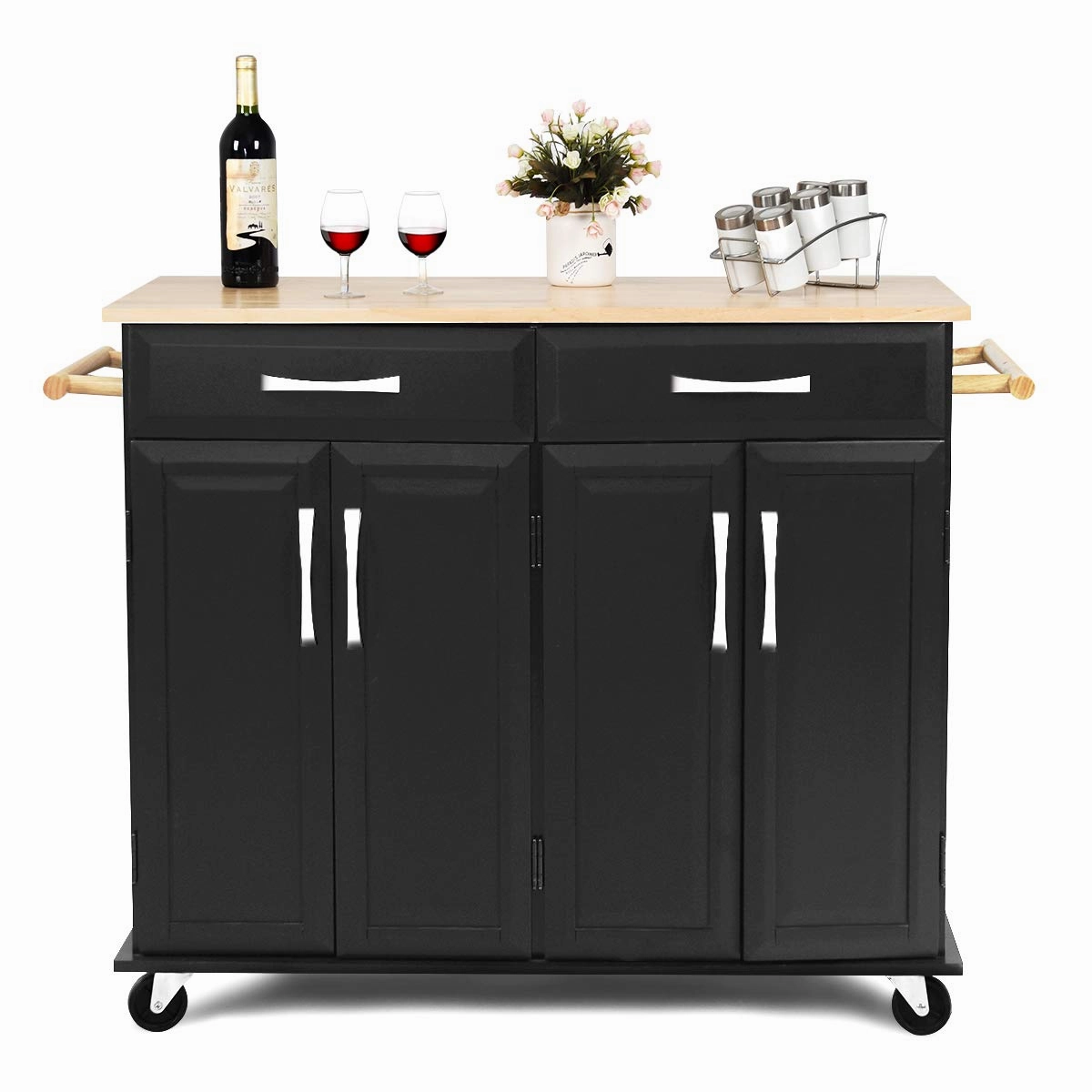 Giantex Kitchen Island Cart, Rolling Trolley Cart Utility Cabinet w/Rubber Wood Top