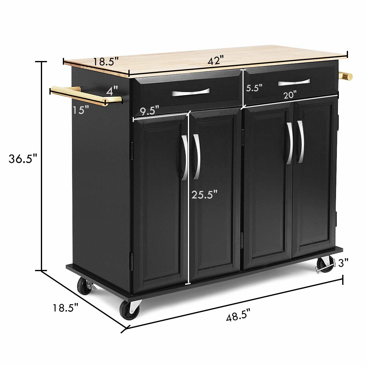 Giantex Kitchen Island Cart, Rolling Trolley Cart Utility Cabinet w/Rubber Wood Top