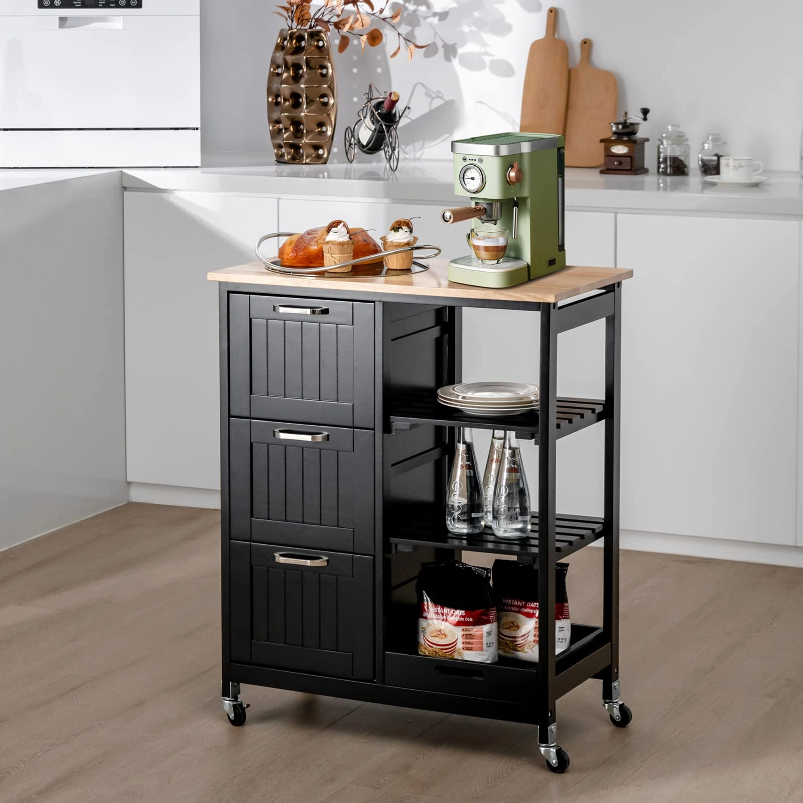 Giantex Kitchen Island Cart with Storage, Bar Serving Cart on Wheels with 3 Deep Drawers