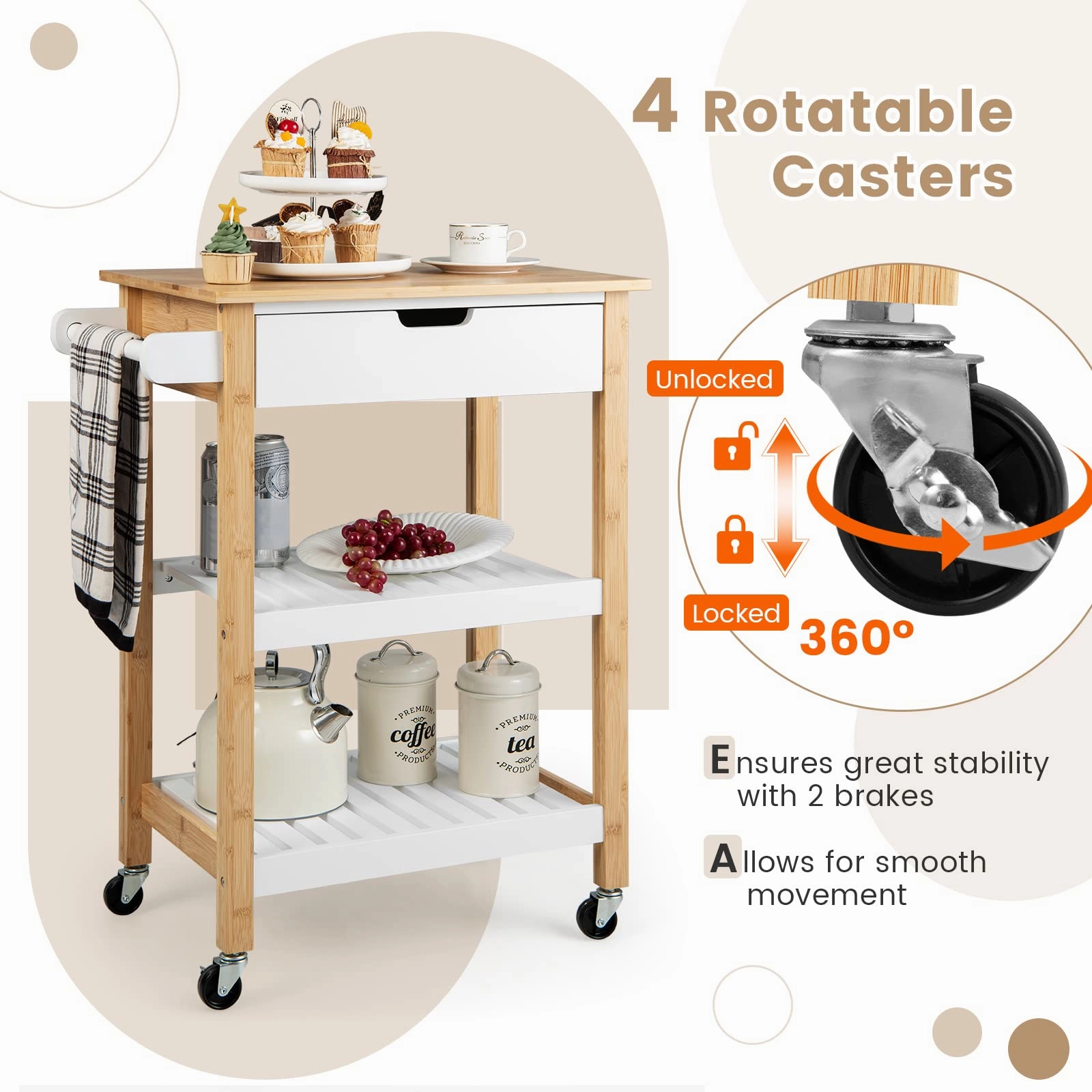 Giantex Kitchen Island Cart with Storage, Rolling Bamboo Kitchen Cart on Wheels, w/Pull-Out Drawer