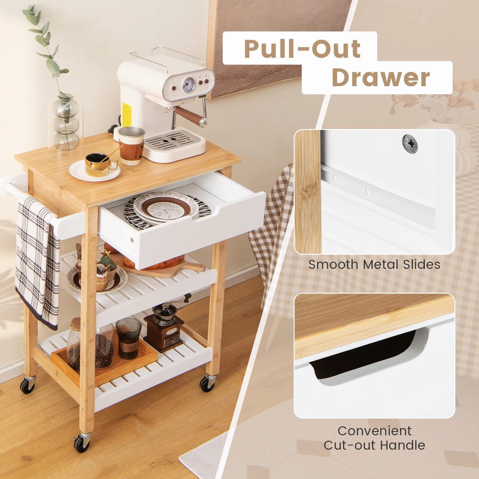 Giantex Kitchen Island Cart with Storage, Rolling Bamboo Kitchen Cart on Wheels, w/Pull-Out Drawer