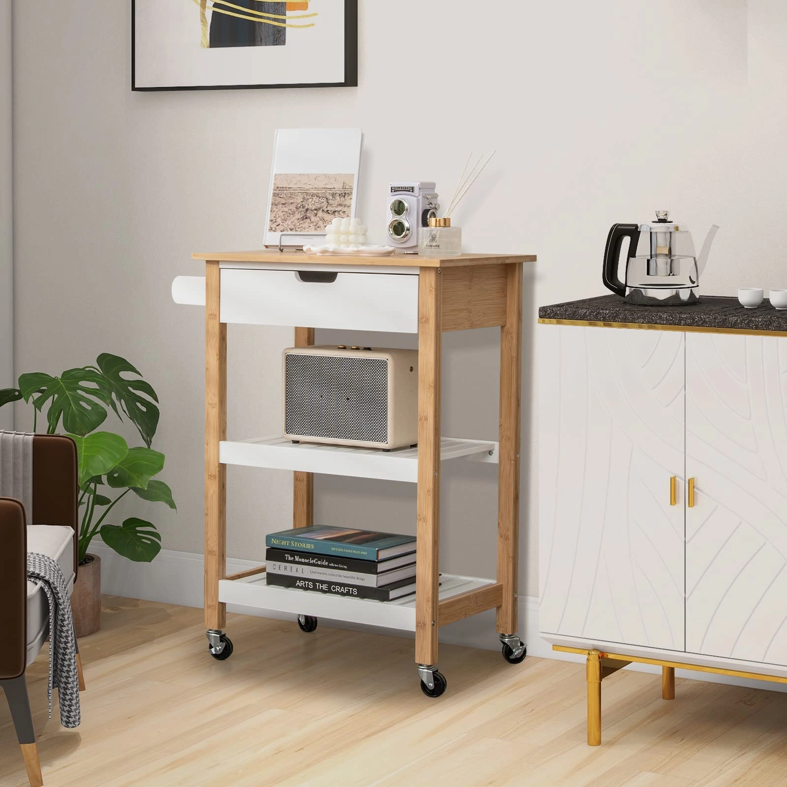 Giantex Kitchen Island Cart with Storage, Rolling Bamboo Kitchen Cart on Wheels, w/Pull-Out Drawer