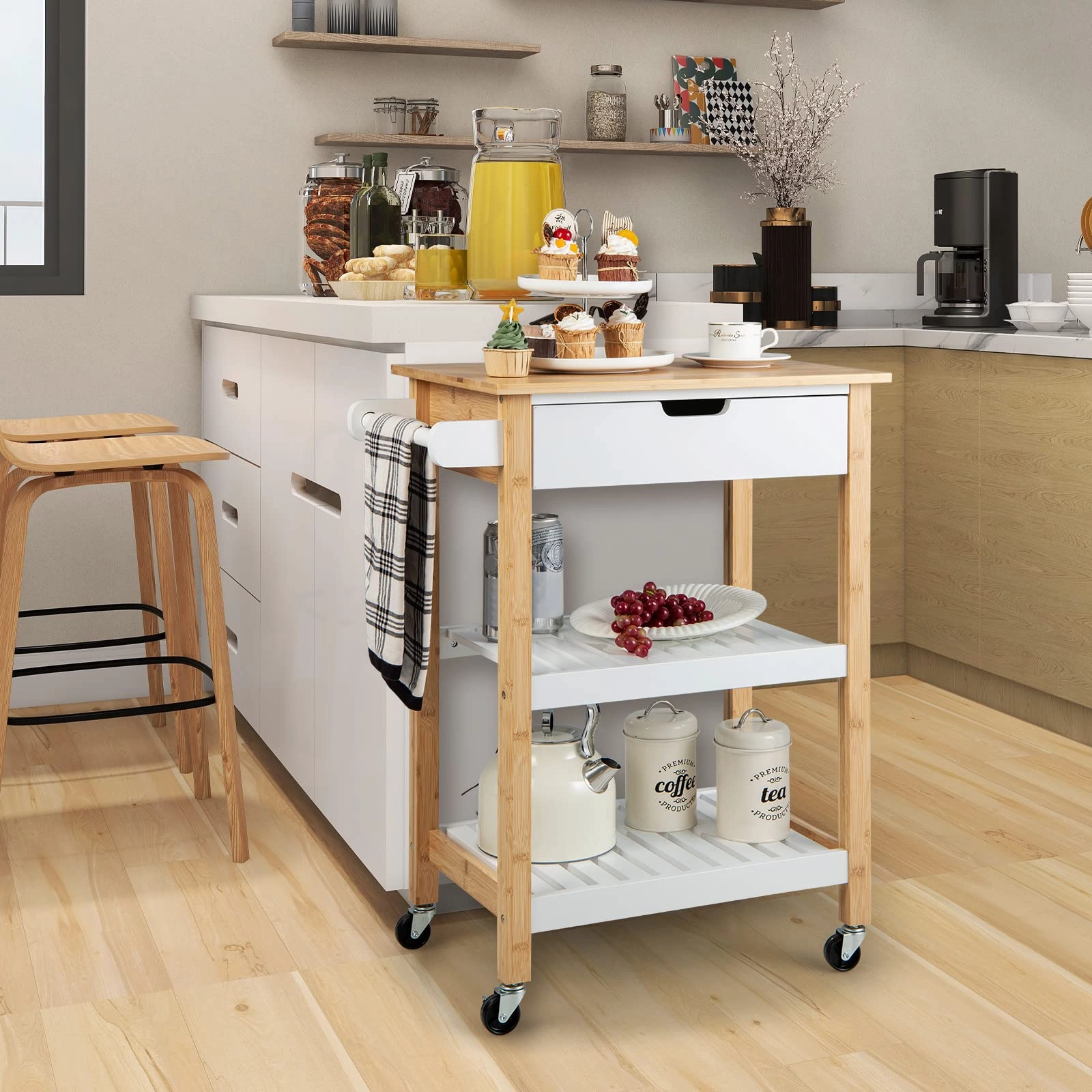 Giantex Kitchen Island Cart with Storage, Rolling Bamboo Kitchen Cart on Wheels, w/Pull-Out Drawer
