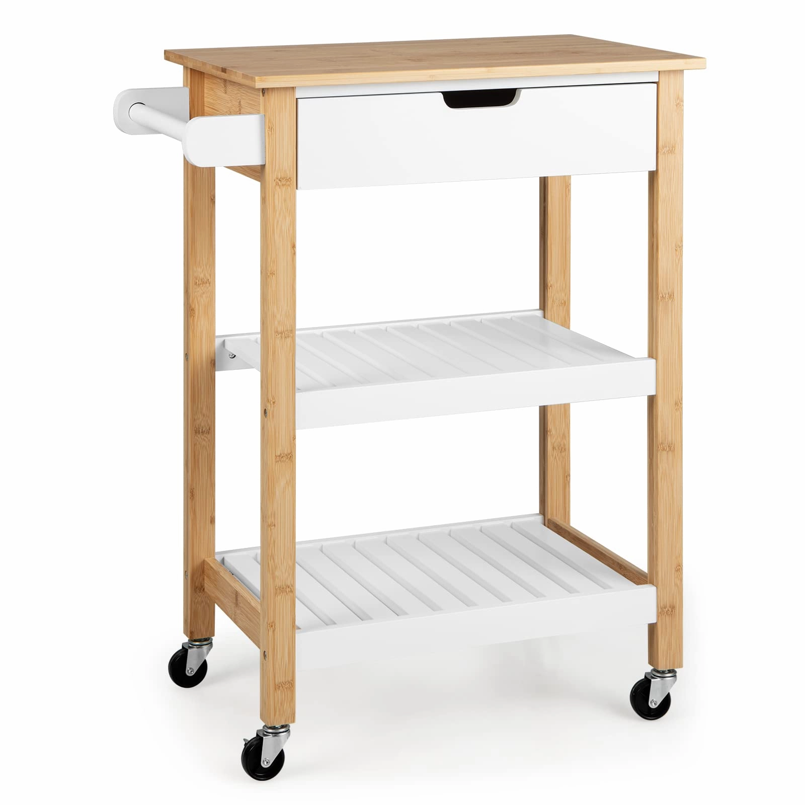 Giantex Kitchen Island Cart with Storage, Rolling Bamboo Kitchen Cart on Wheels, w/Pull-Out Drawer kitchen towel, placemats