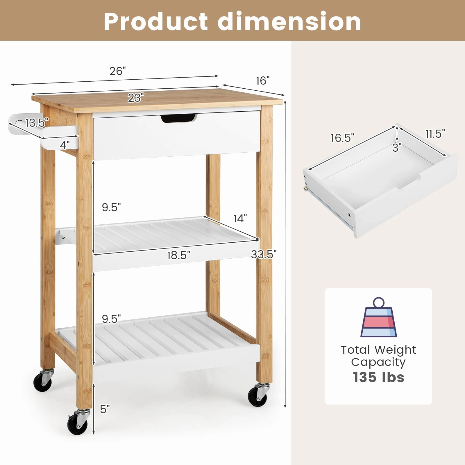 Giantex Kitchen Island Cart with Storage, Rolling Bamboo Kitchen Cart on Wheels, w/Pull-Out Drawer