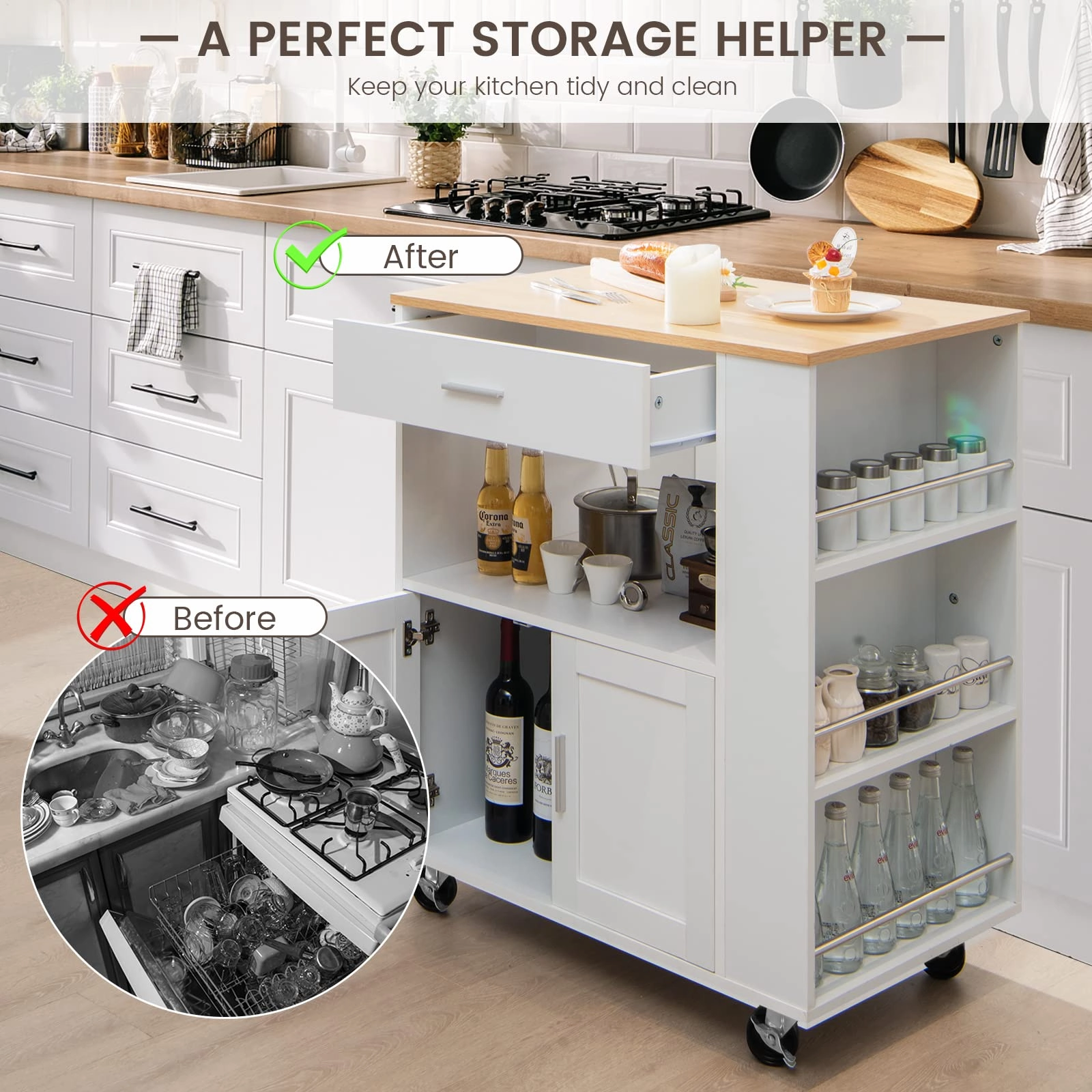 Giantex Kitchen Island on Wheels, Rolling Trolley Cart with 3 Spice Racks, 2-Door Cabinet