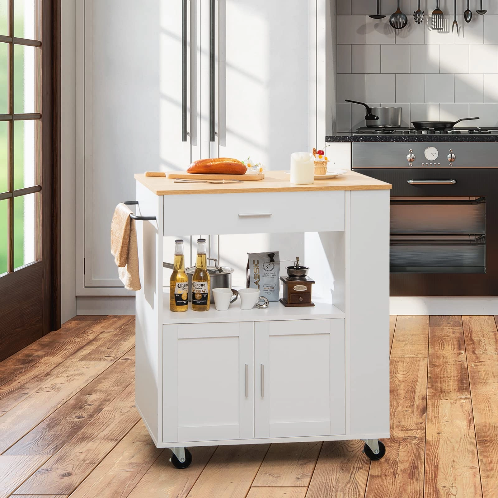 Giantex Kitchen Island on Wheels, Rolling Trolley Cart with 3 Spice Racks, 2-Door Cabinet