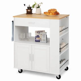 Giantex Kitchen Island on Wheels, Rolling Trolley Cart with 3 Spice Racks, 2-Door Cabinet kitchen towel, placemats