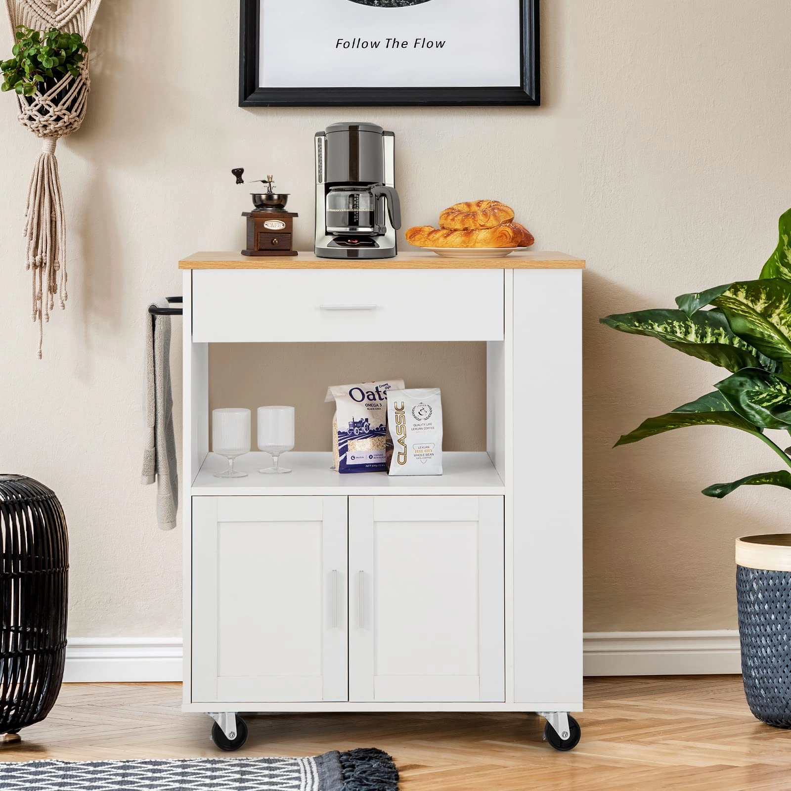 Giantex Kitchen Island on Wheels, Rolling Trolley Cart with 3 Spice Racks, 2-Door Cabinet