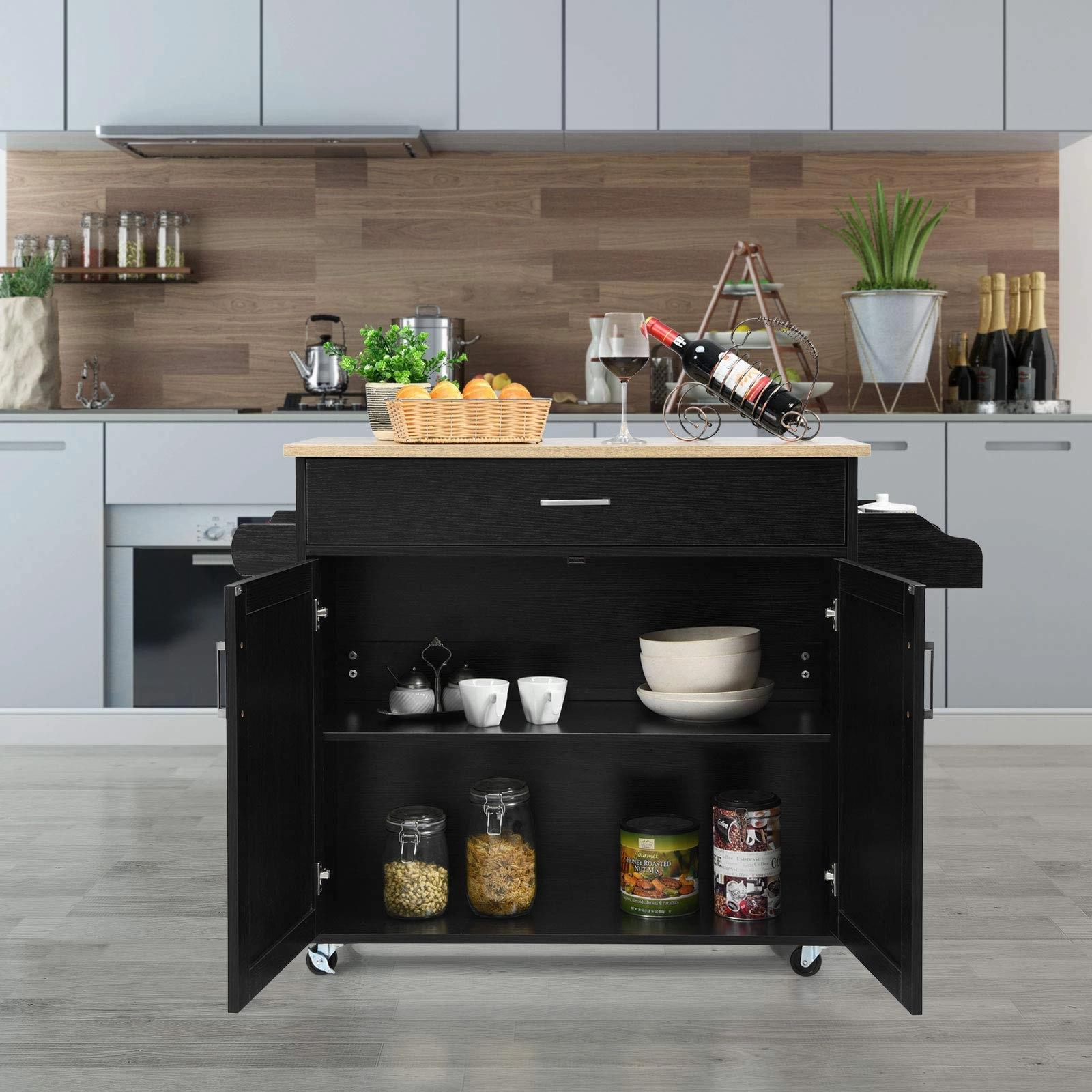 Giantex Kitchen Island, Rolling Kitchen Cart with Spice and Towel Rack, Large Drawer & 2-Door Storage Cabinet