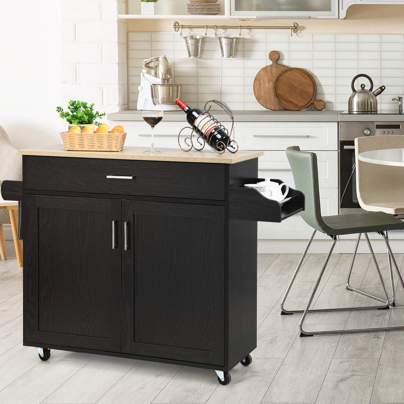 Giantex Kitchen Island, Rolling Kitchen Cart with Spice and Towel Rack, Large Drawer & 2-Door Storage Cabinet