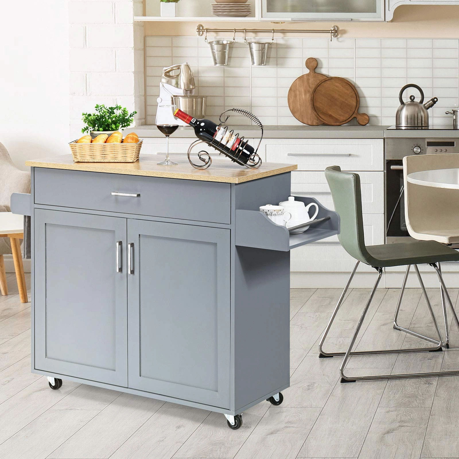 Giantex Kitchen Island, Rolling Kitchen Cart with Spice and Towel Rack, Large Drawer & 2-Door Storage Cabinet