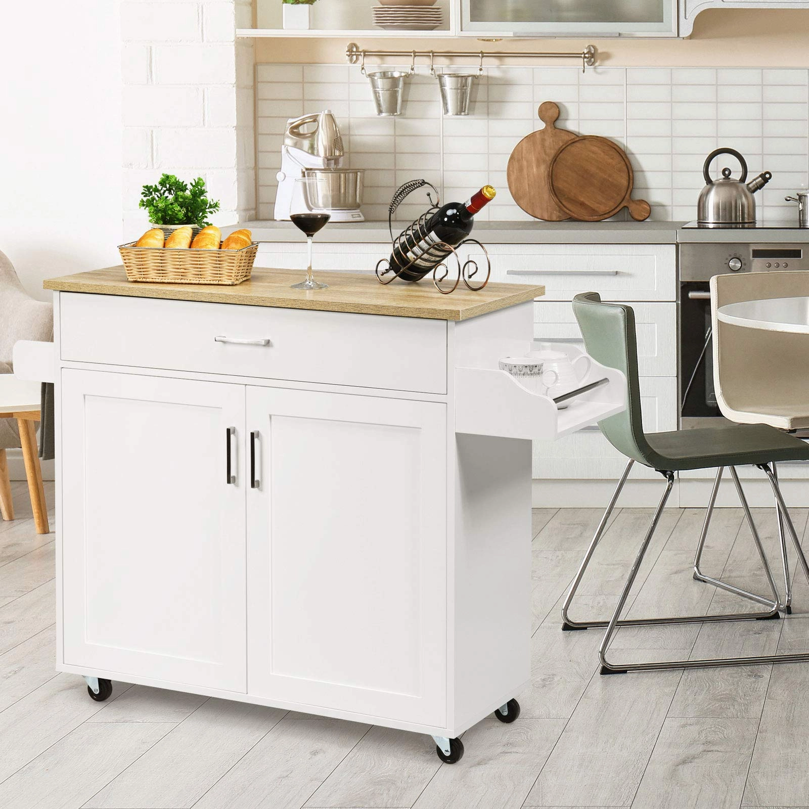 Giantex Kitchen Island, Rolling Kitchen Cart with Spice and Towel Rack, Large Drawer & 2-Door Storage Cabinet