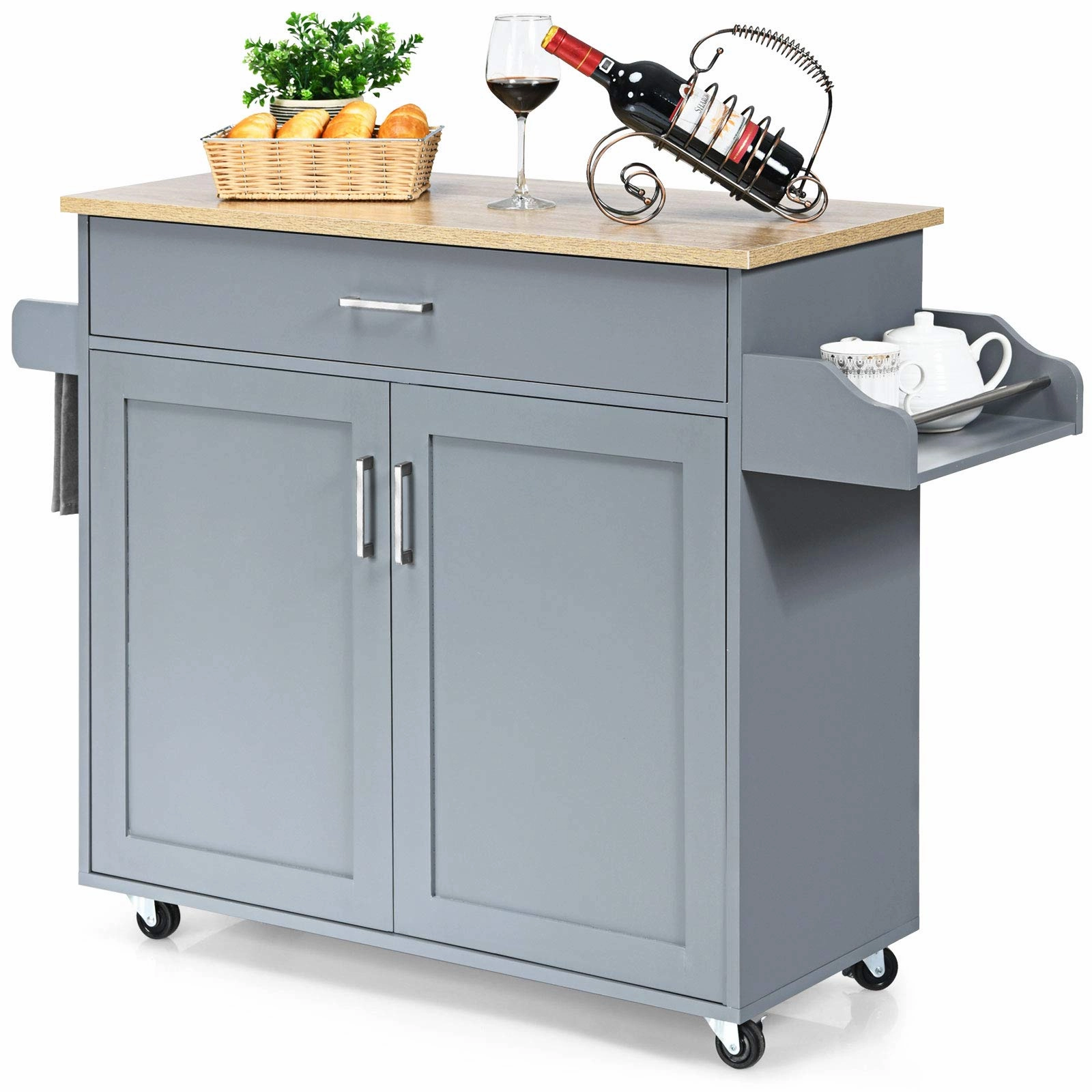 Giantex Kitchen Island, Rolling Kitchen Cart with Spice and Towel Rack, Large Drawer & 2-Door Storage Cabinet