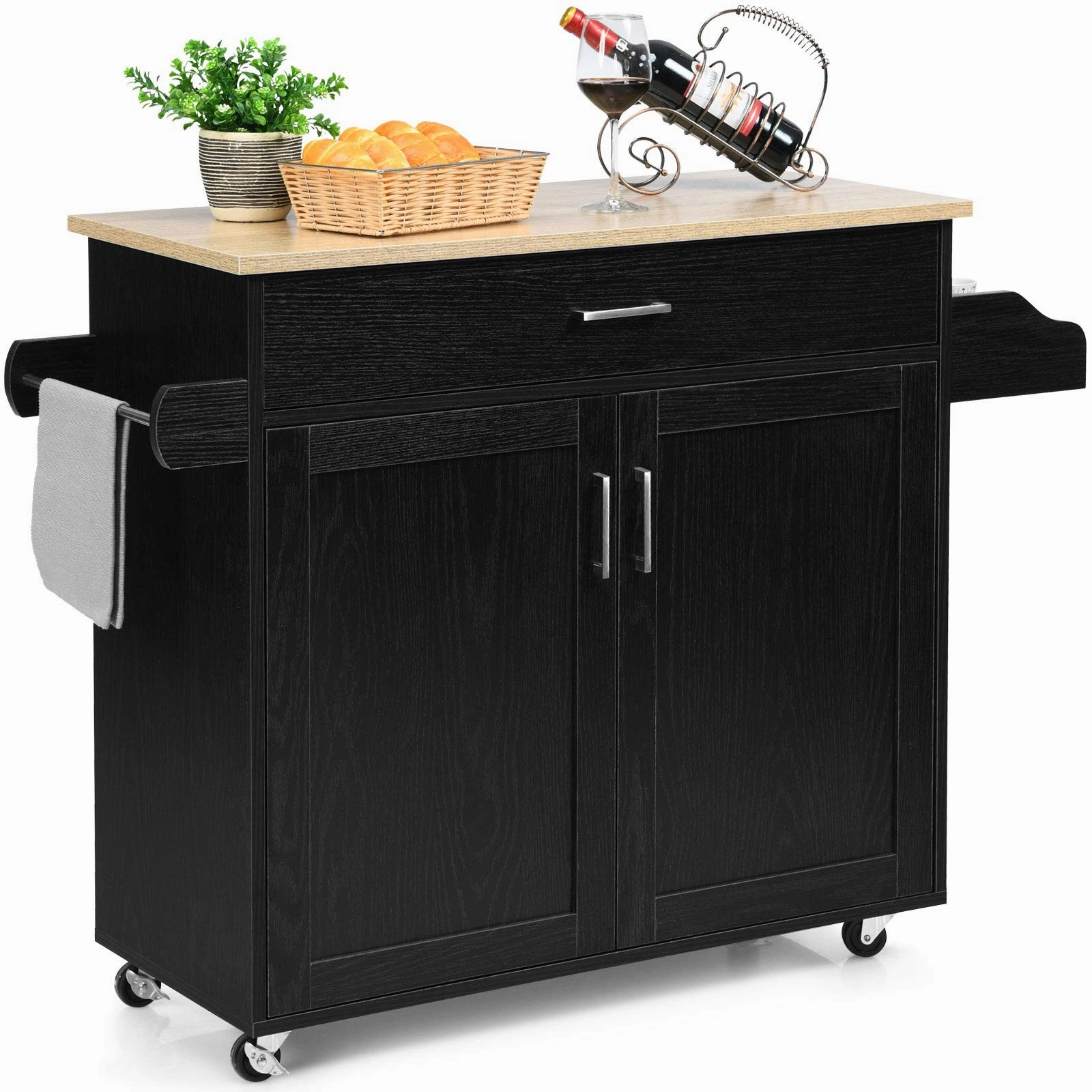 Giantex Kitchen Island, Rolling Kitchen Cart with Spice and Towel Rack, Large Drawer & 2-Door Storage Cabinet