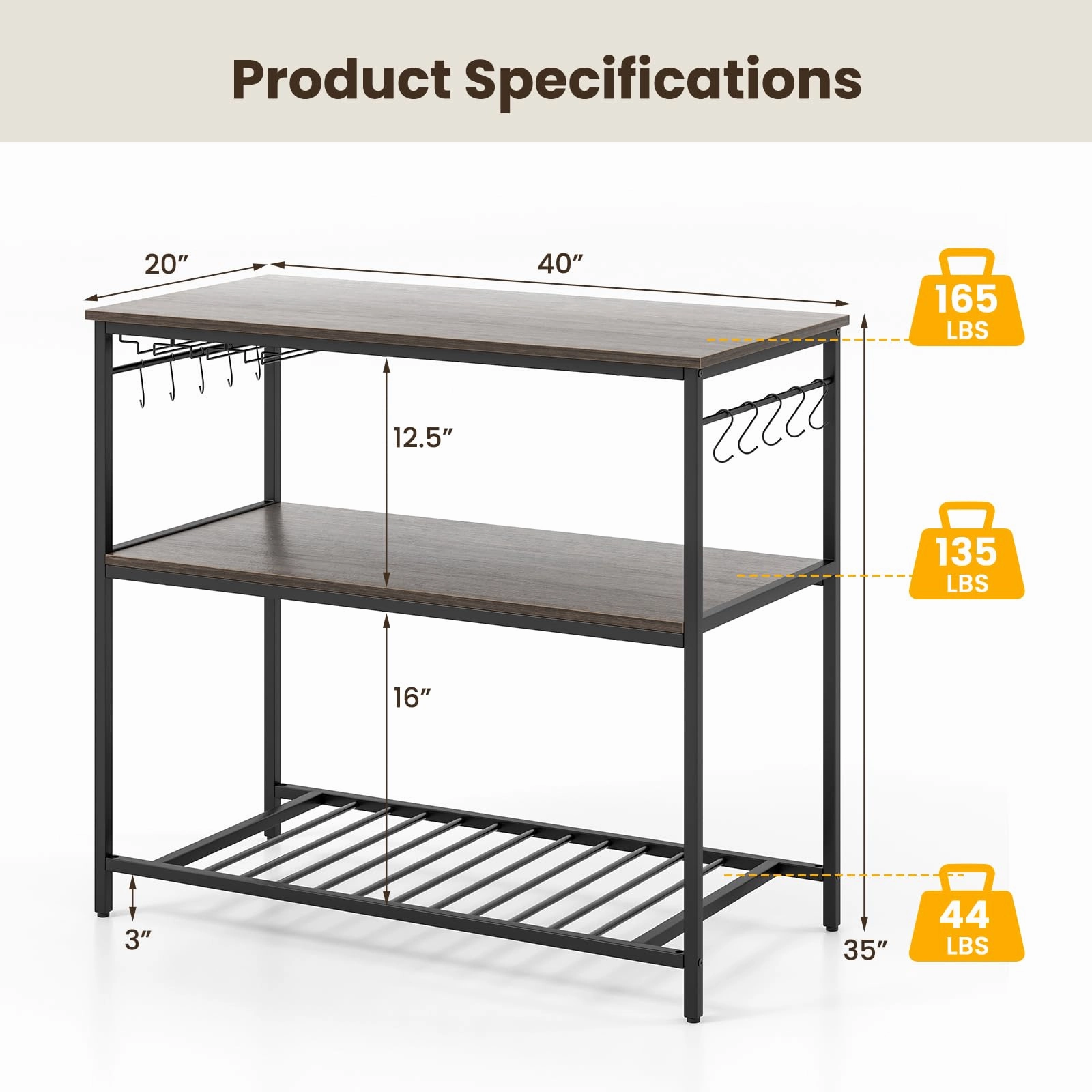 Giantex Kitchen Island with 3 Tier Storage Shelves, 48 Inch Baker Rack with Spacious Worktop