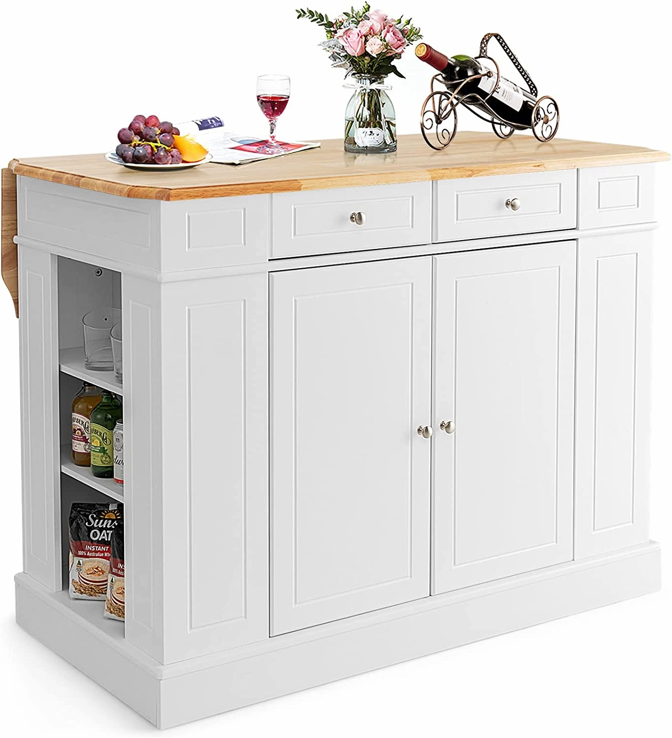 Giantex Kitchen Island with Drop Leaf, Rubber Wood Top, 2 Drawers, Storage Cabinets