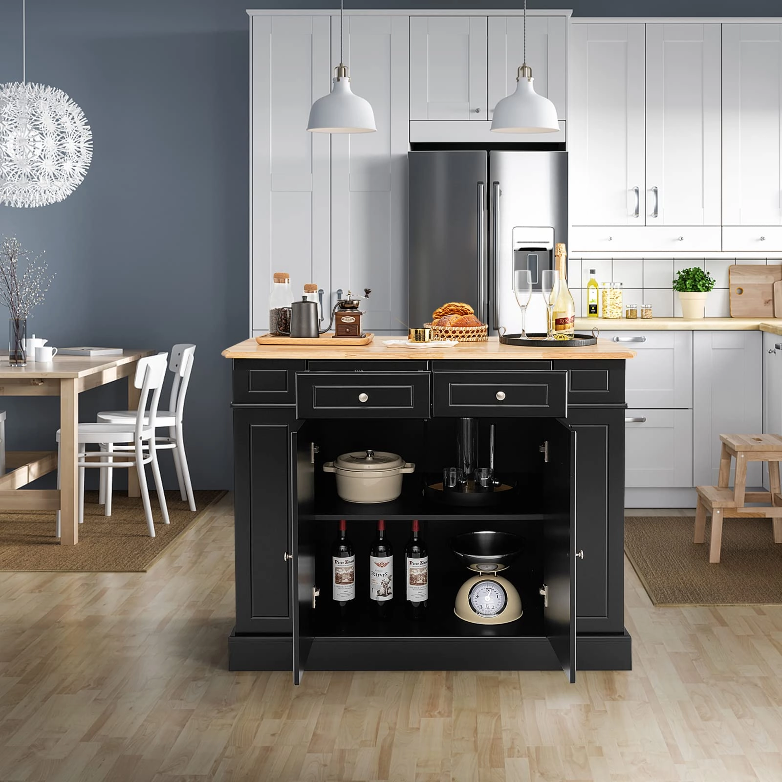 Giantex Kitchen Island with Drop Leaf, Rubber Wood Top, 2 Drawers, Storage Cabinets
