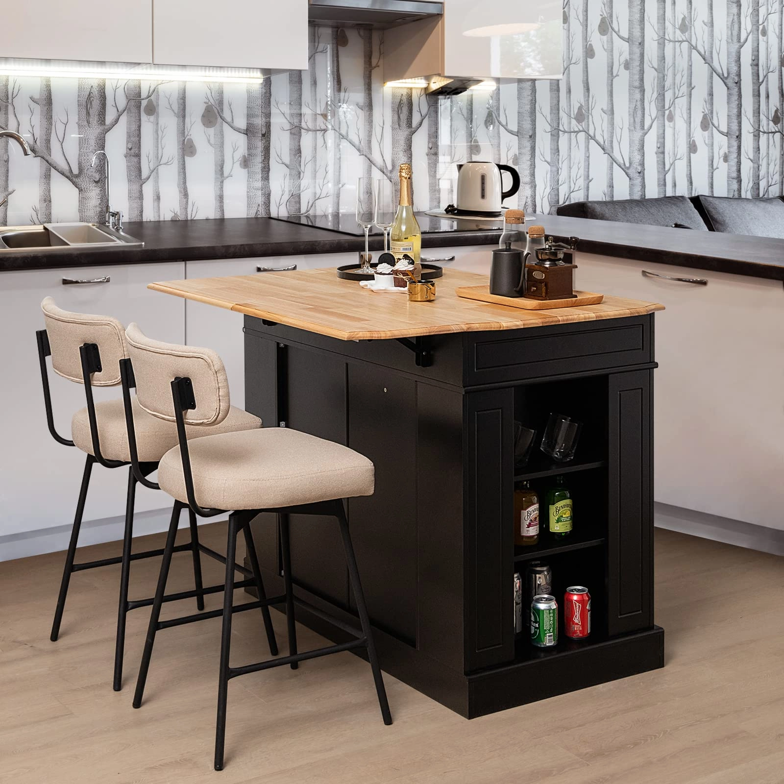 Giantex Kitchen Island with Drop Leaf, Rubber Wood Top, 2 Drawers, Storage Cabinets