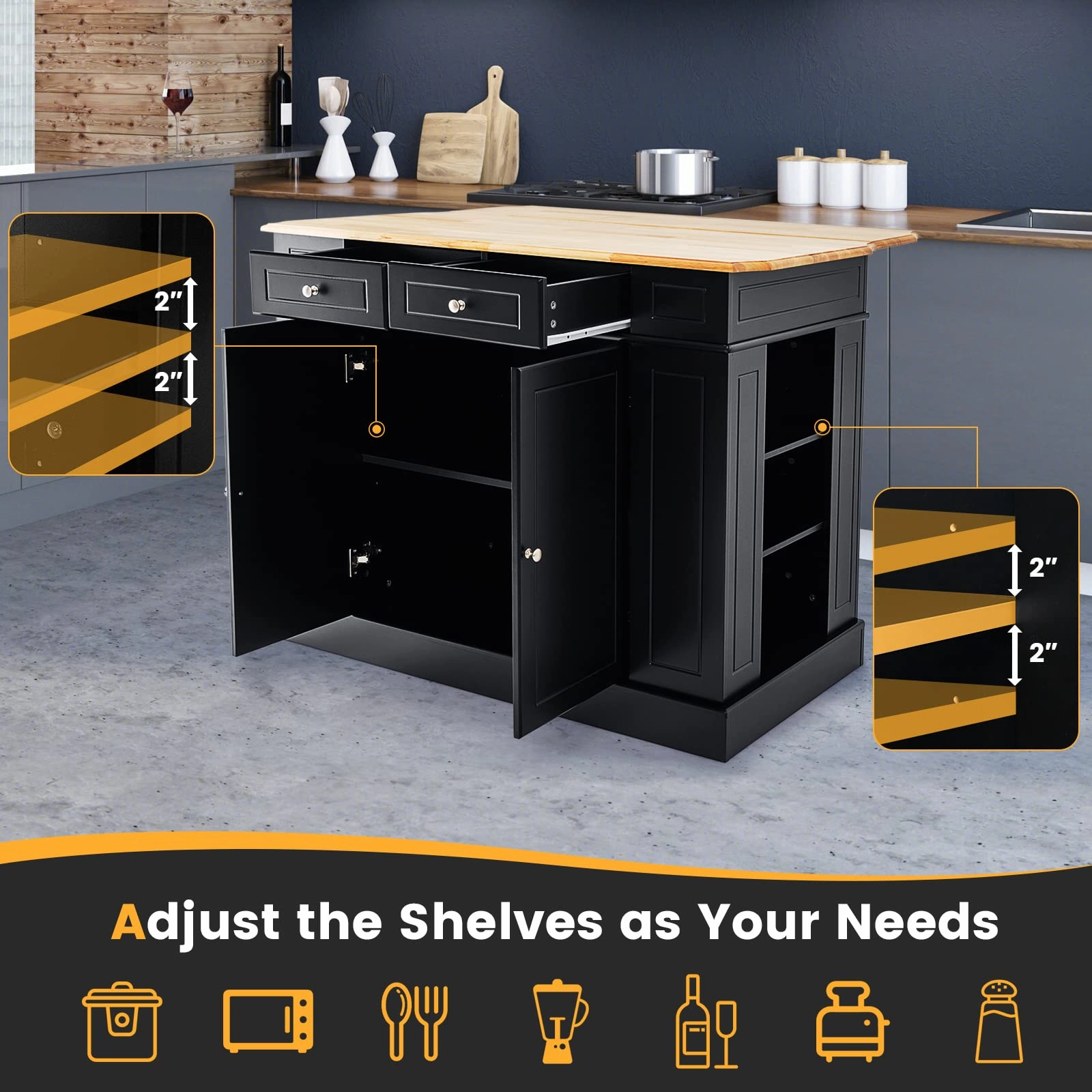 Giantex Kitchen Island with Drop Leaf, Rubber Wood Top, 2 Drawers, Storage Cabinets