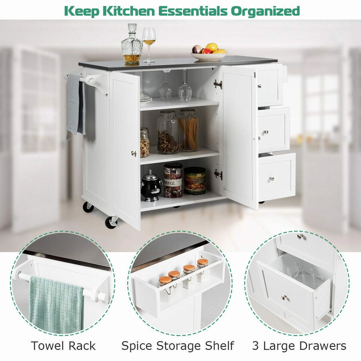 Giantex Kitchen Island with Stainless Steel Countertop, Dark Brown