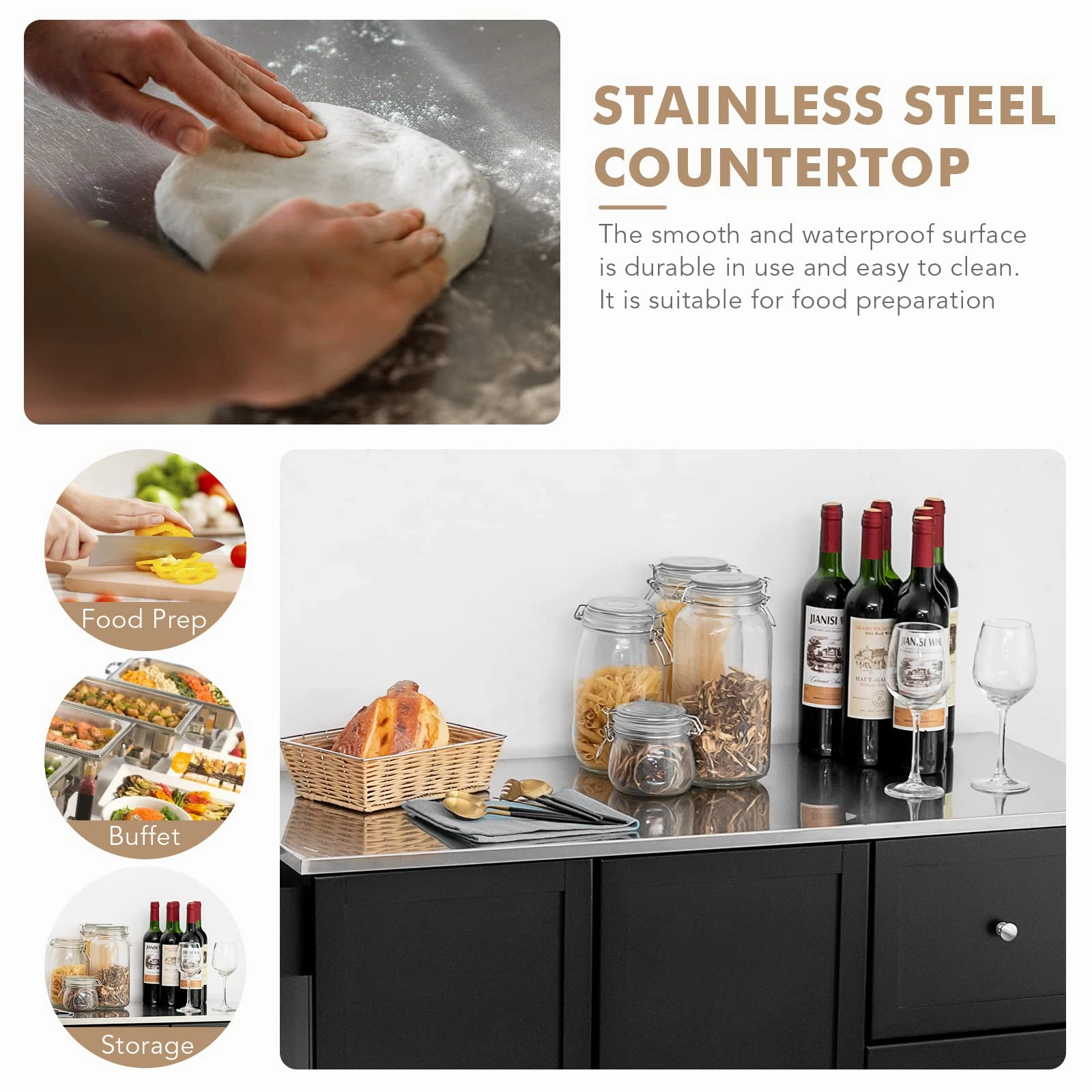 Giantex Kitchen Island with Stainless Steel Countertop, Dark Brown