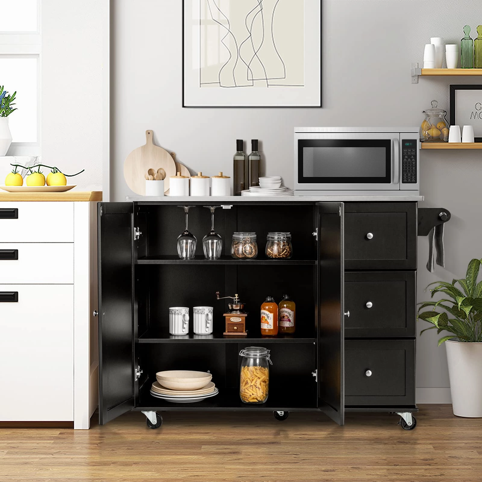 Giantex Kitchen Island with Stainless Steel Countertop, Dark Brown