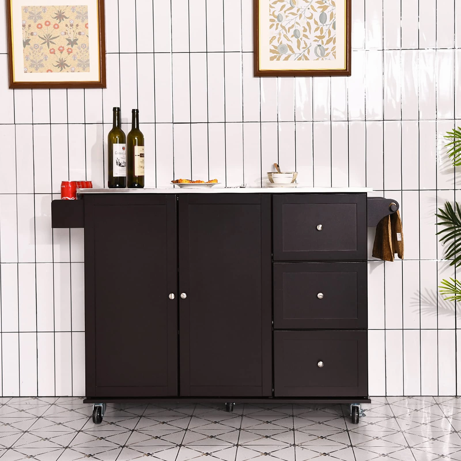 Giantex Kitchen Island with Stainless Steel Countertop, Dark Brown
