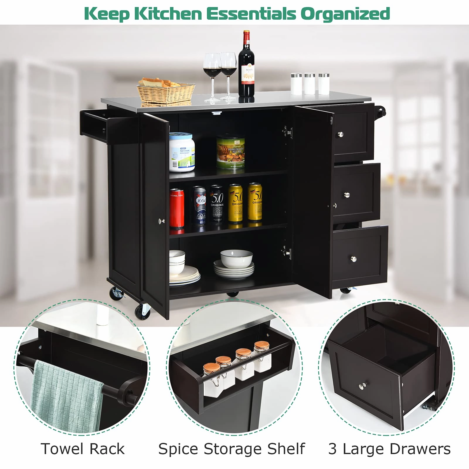 Giantex Kitchen Island with Stainless Steel Countertop, Dark Brown
