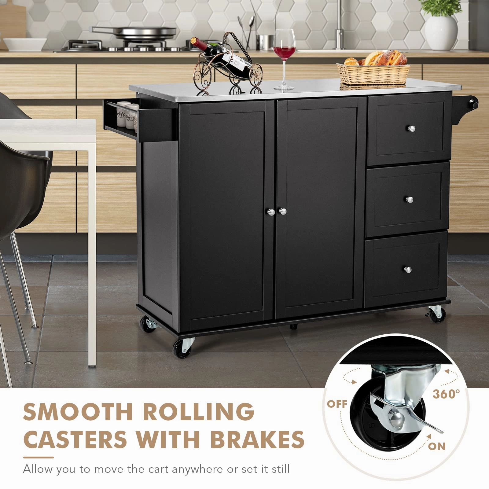 Giantex Kitchen Island with Stainless Steel Countertop, Dark Brown