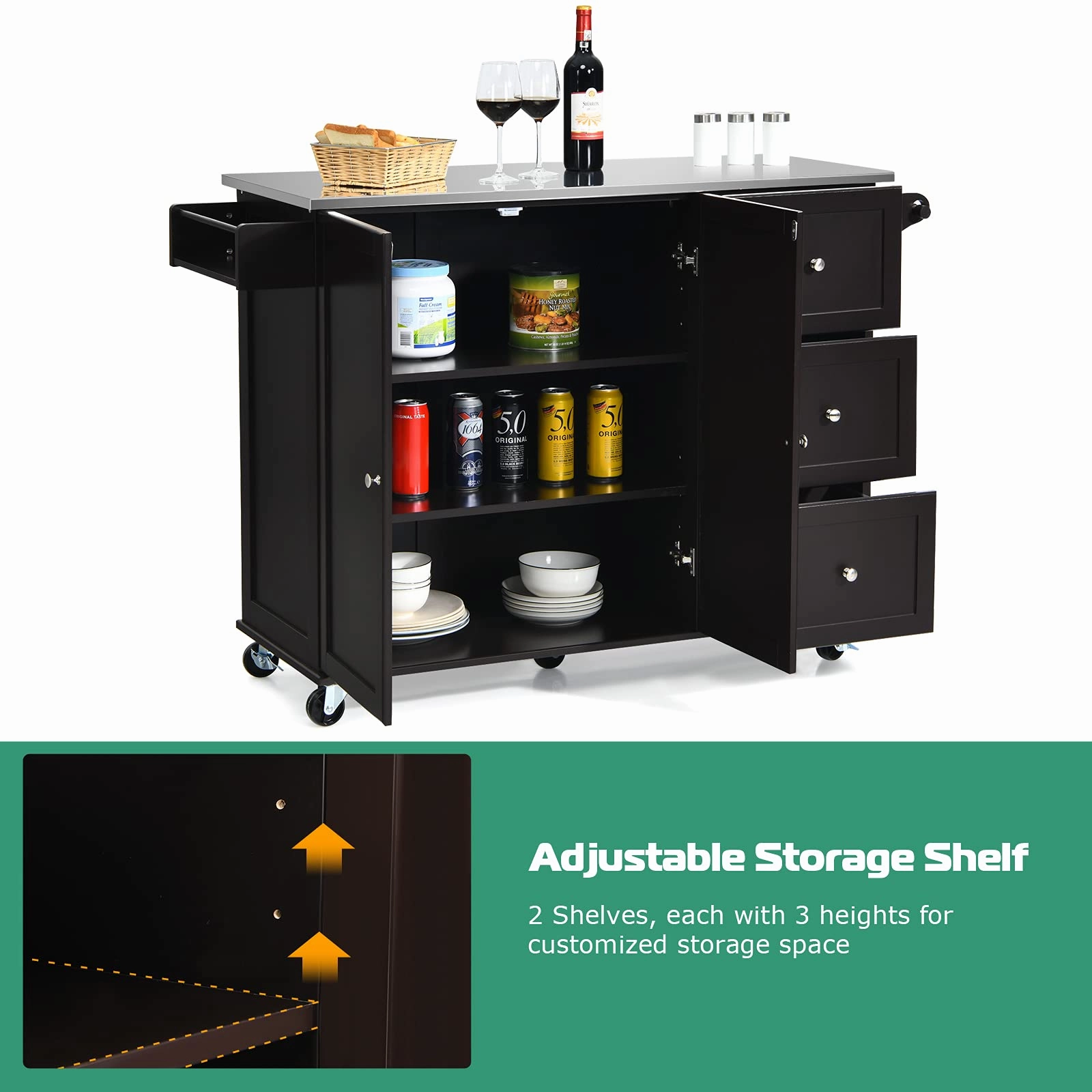 Giantex Kitchen Island with Stainless Steel Countertop, Dark Brown