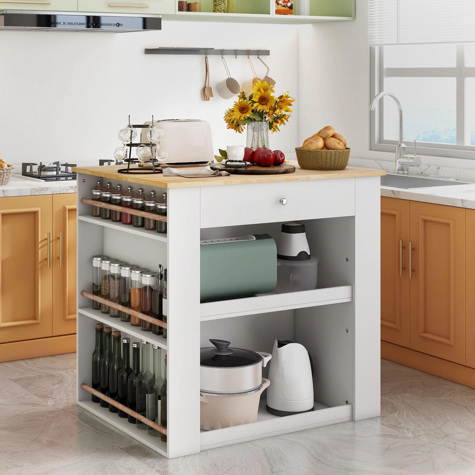 Giantex Kitchen Island with Storage, 2-Door Buffet Cabinet, 6-Tier Spice Racks, Drawer, Shelves