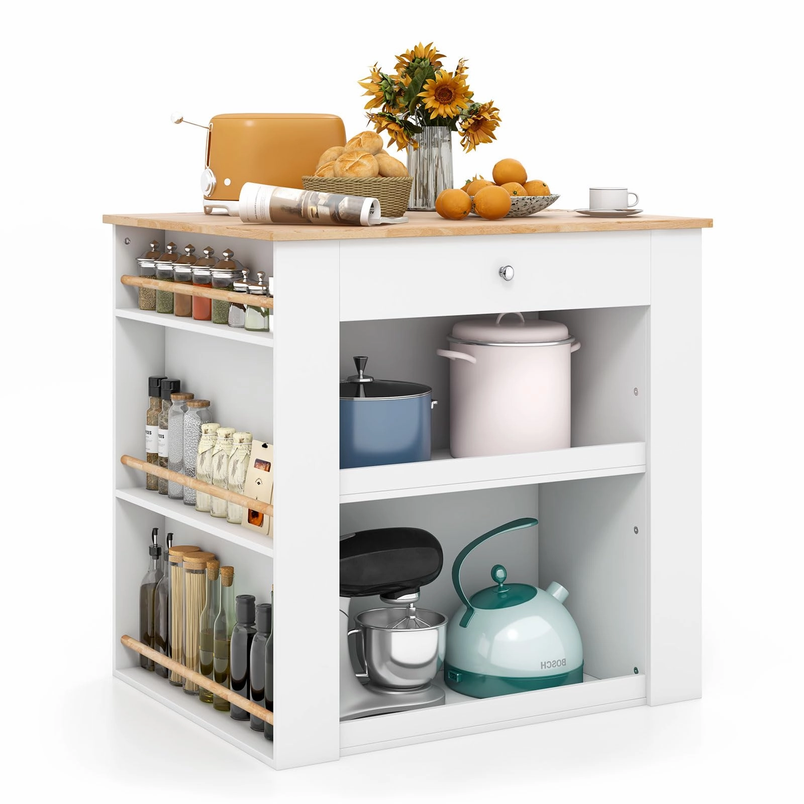 Giantex Kitchen Island with Storage, 2-Door Buffet Cabinet, 6-Tier Spice Racks, Drawer, Shelves kitchen towel, placemats