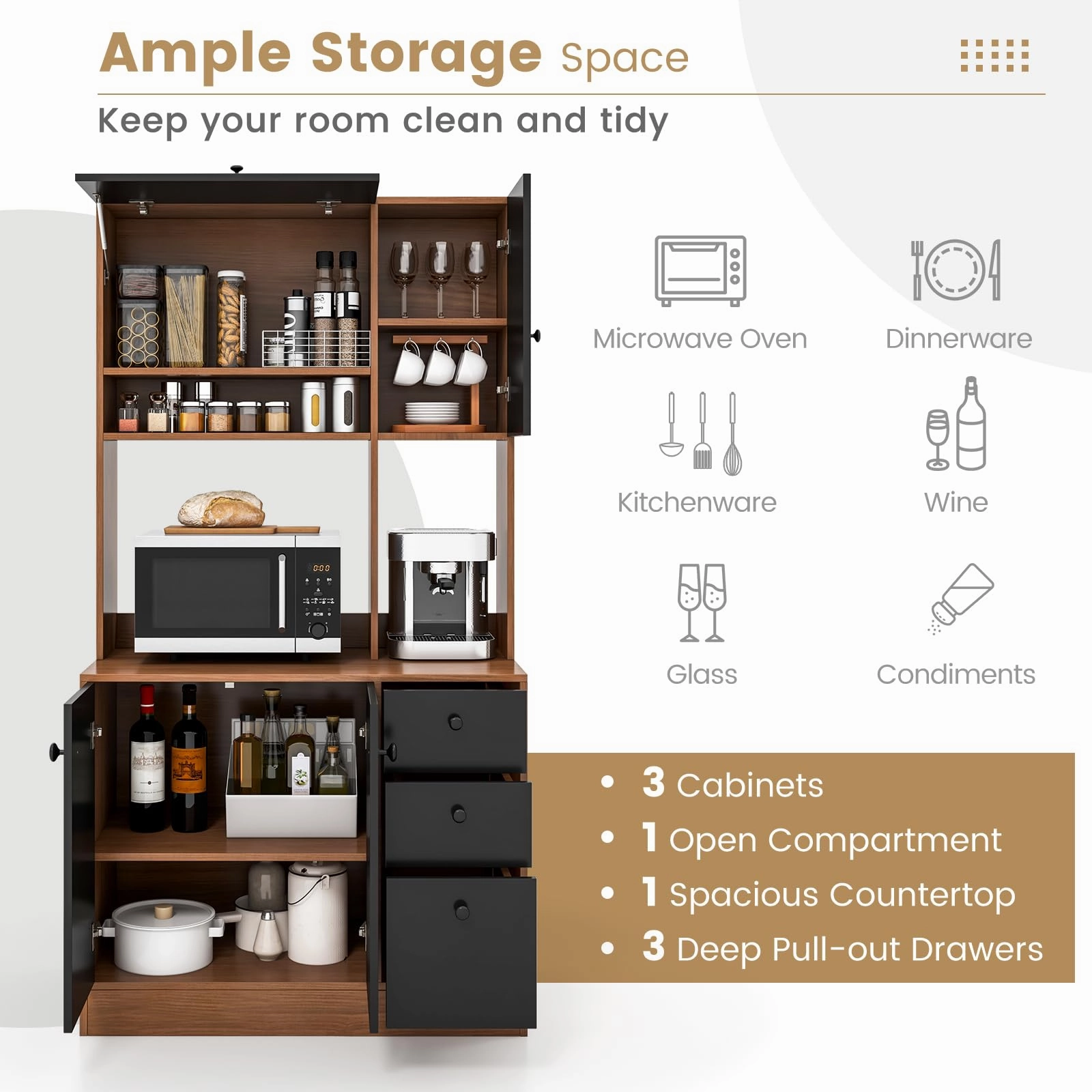 Giantex Kitchen Pantry, Buffet Hutch with 3 Storage Cabinet, 71'' Floor Large Cupboard with 3 Deep Drawers
