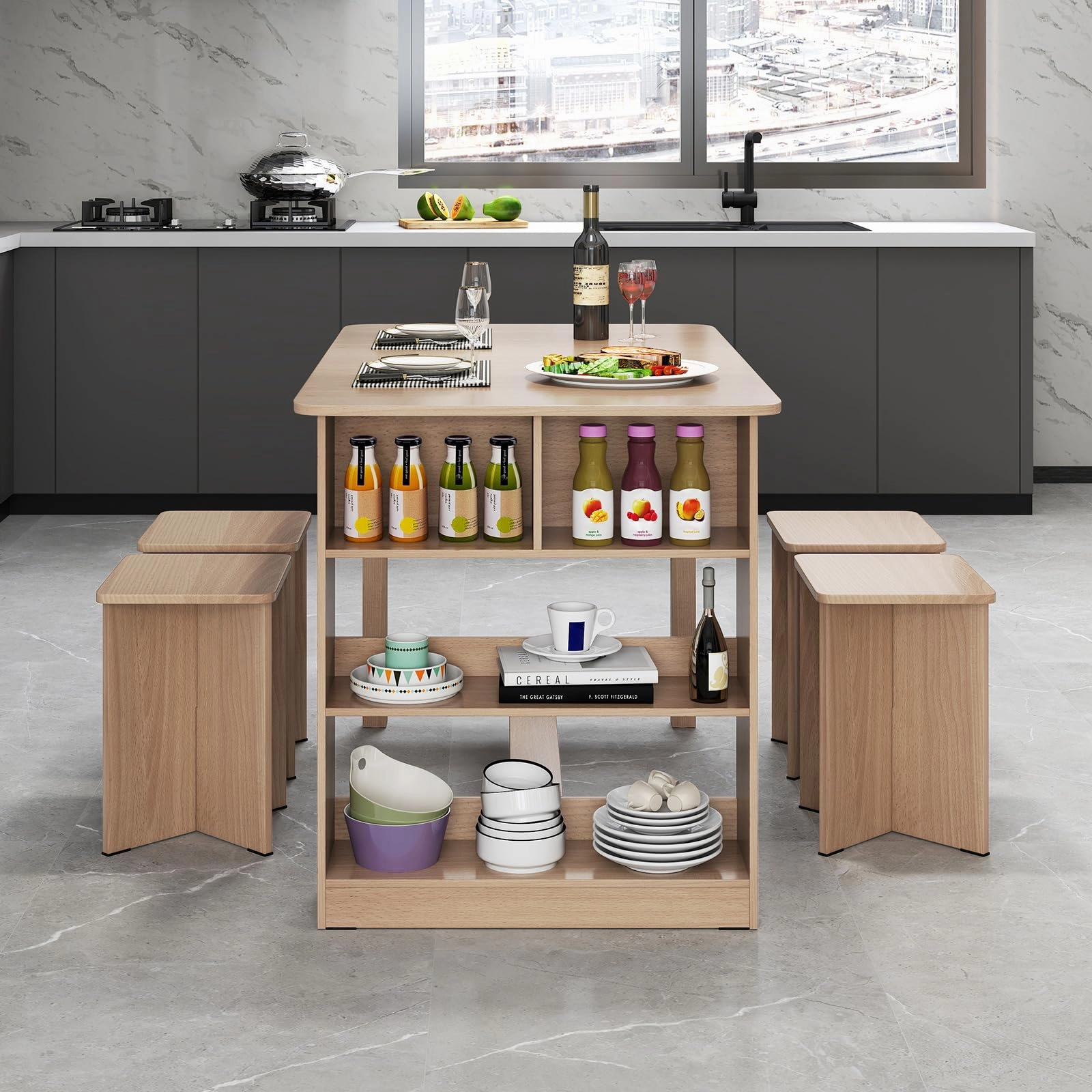 Giantex Kitchen Table Set for 4 with Side Storage Shelf