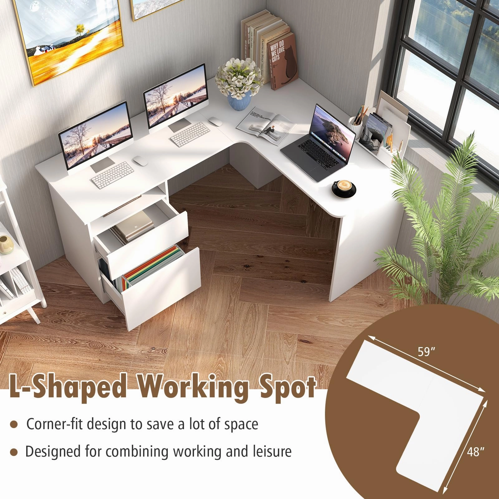 Giantex L Shaped Computer Desk with Drawers, 59" Corner Desk Workstation with Storage Shelf & Cable Holes